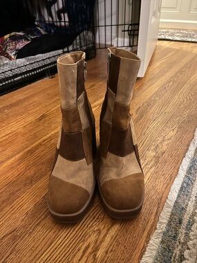 Brown Suede Patchwork Heeled Ankle Boots